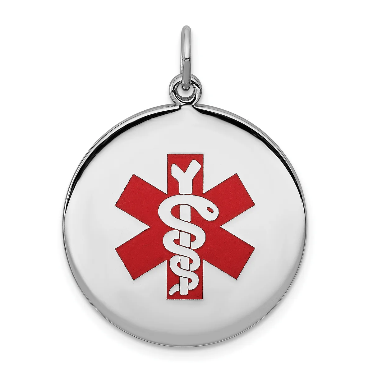 Silver circular medical alert pendant with a red star of life symbol containing intertwined snakes, suspended from a silver bail.