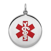 Silver circular medical alert pendant with a red star of life symbol containing intertwined snakes, suspended from a silver bail.