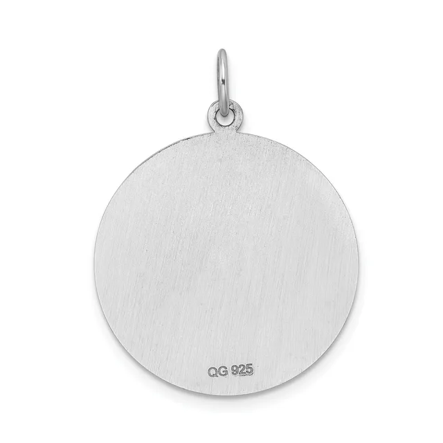 A polished silver circular pendant with a small loop at the top and a stamped hallmark on the lower back surface.