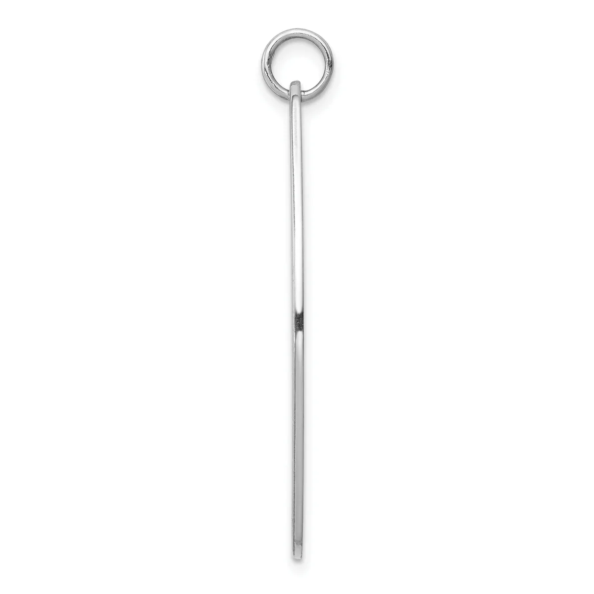 A long silver pendant consisting of a ring at the top connected to a thin tapered rod with a small dark band near the middle.