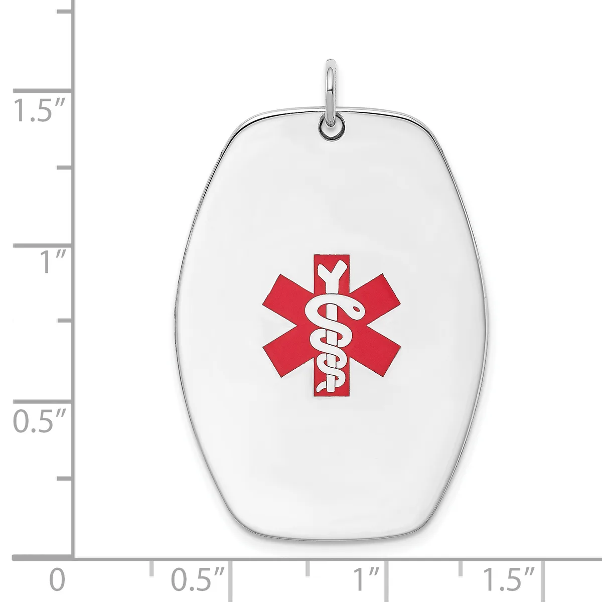 White oval medical alert pendant with red Star of Life symbol and intertwined snakes, shown next to a ruler measuring approximately 1.5 inches tall.
