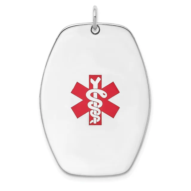 White oval pendant with rounded edges and a small loop at the top, displaying a red medical symbol with a serpent staff in the center.