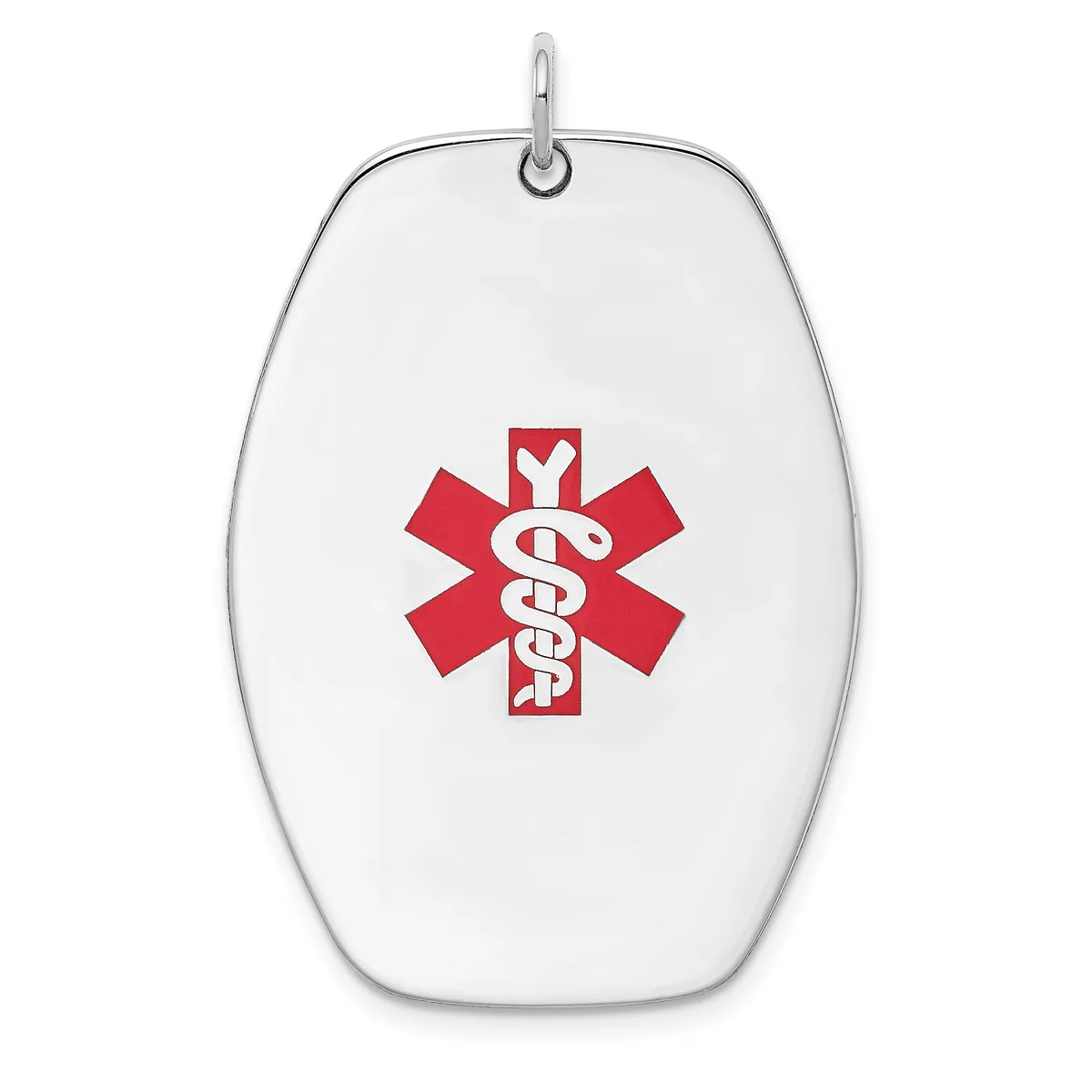 White oval pendant with rounded edges and a small loop at the top, displaying a red medical symbol with a serpent staff in the center.