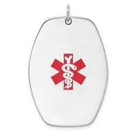 White oval pendant with rounded edges and a small loop at the top, displaying a red medical symbol with a serpent staff in the center.