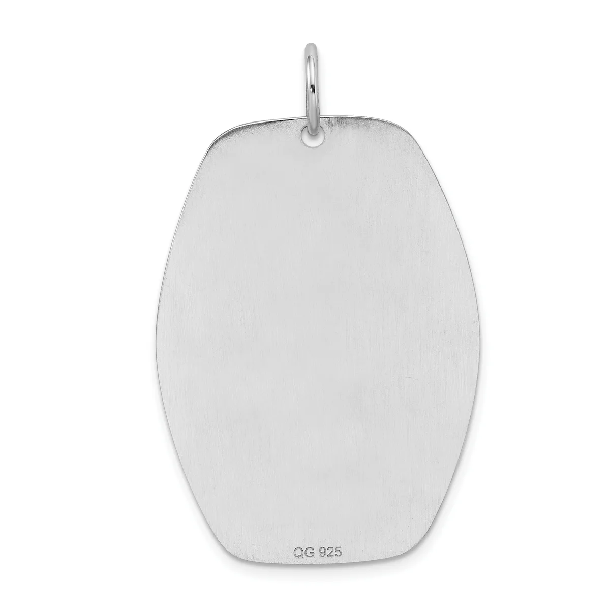 A blank sterling silver dog tag pendant with an oval shape and a small loop at the top for hanging.