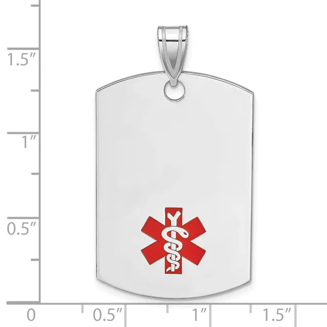 Silver dog tag pendant with rounded corners and a red medical symbol in the center, shown next to a ruler indicating approximately 1.5 inches in height.