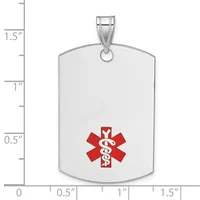 Silver dog tag pendant with rounded corners and a red medical symbol in the center, shown next to a ruler indicating approximately 1.5 inches in height.