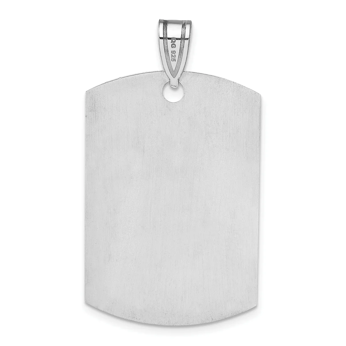 A polished silver dog tag pendant with a rectangular shape and rounded corners, suspended from a bail loop at the top.