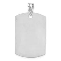 A polished silver dog tag pendant with a rectangular shape and rounded corners, suspended from a bail loop at the top.