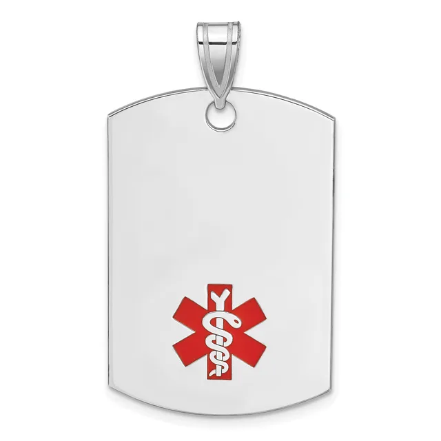 Silver dog tag pendant with rounded corners and a small stamped hallmark, featuring a red medical alert symbol with a white snake and staff in the center.