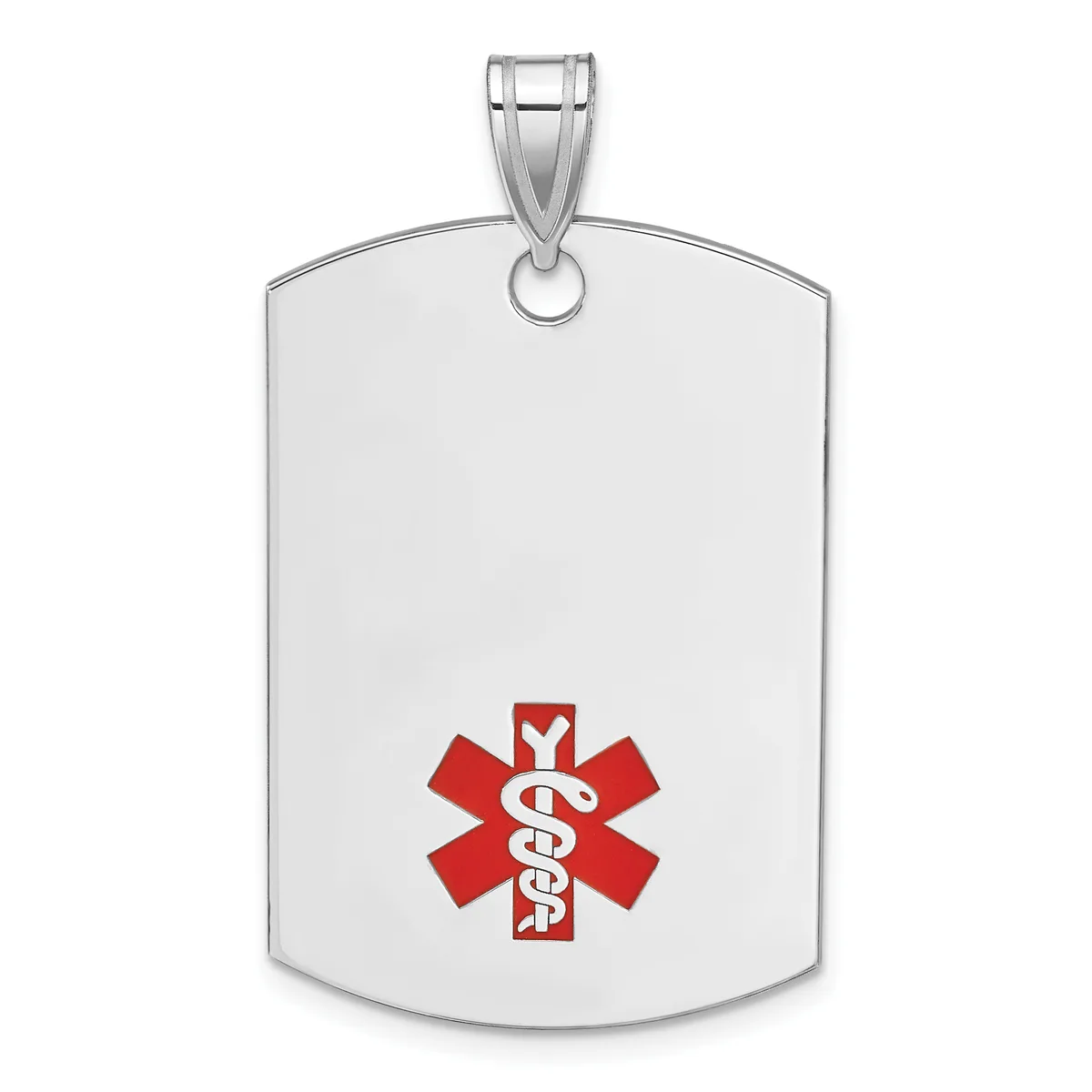 Silver dog tag pendant with rounded corners and a small stamped hallmark, featuring a red medical alert symbol with a white snake and staff in the center.