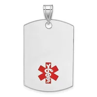 Silver dog tag pendant with rounded corners and a small stamped hallmark, featuring a red medical alert symbol with a white snake and staff in the center.