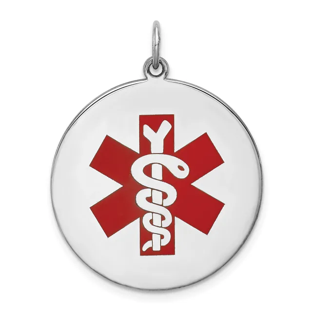 Silver circular medical alert pendant with a red Star of Life symbol containing a white serpent and staff design, suspended from a silver bail.