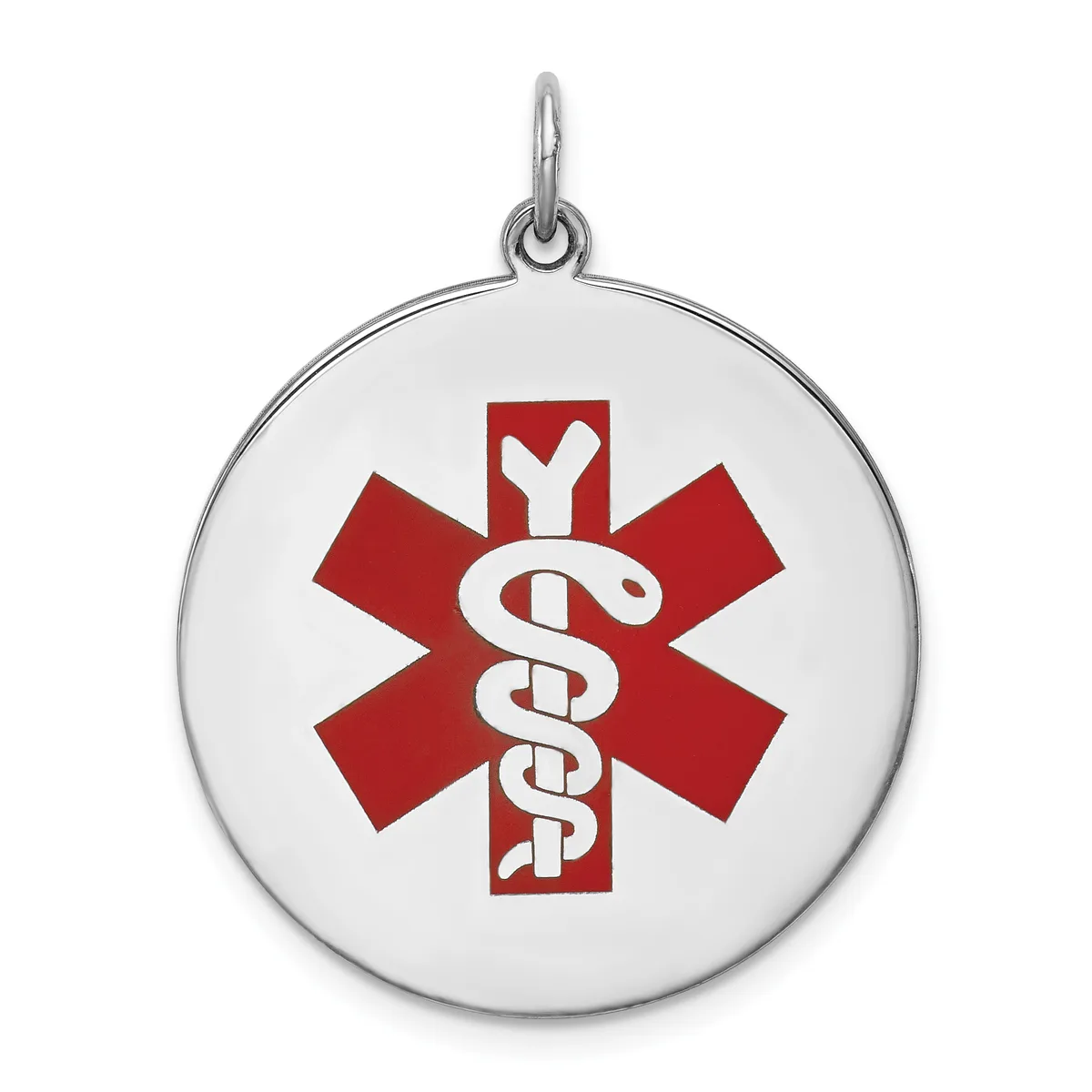 Silver circular medical alert pendant with a red Star of Life symbol containing a white serpent and staff design, suspended from a silver bail.