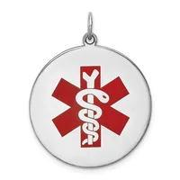 Silver circular medical alert pendant with a red Star of Life symbol containing a white serpent and staff design, suspended from a silver bail.