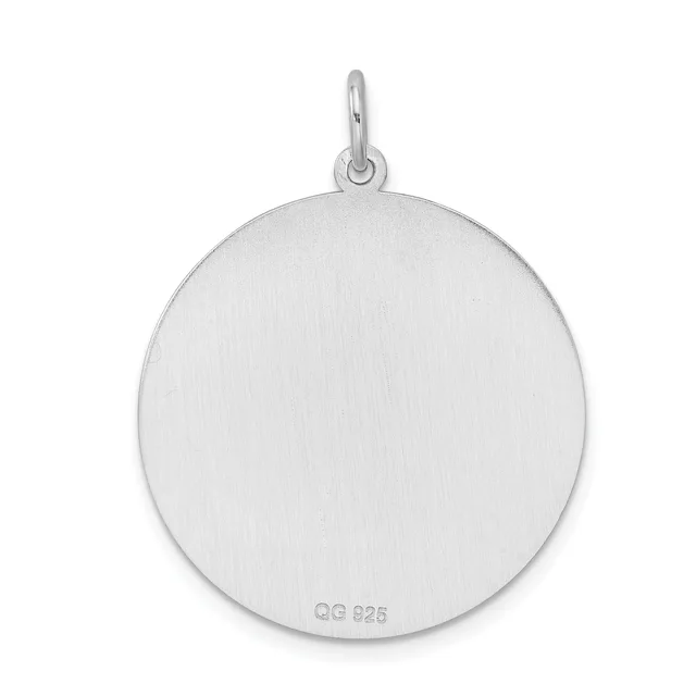 A polished sterling silver circular pendant with a small loop attachment at the top and a hallmark stamped on the lower back.