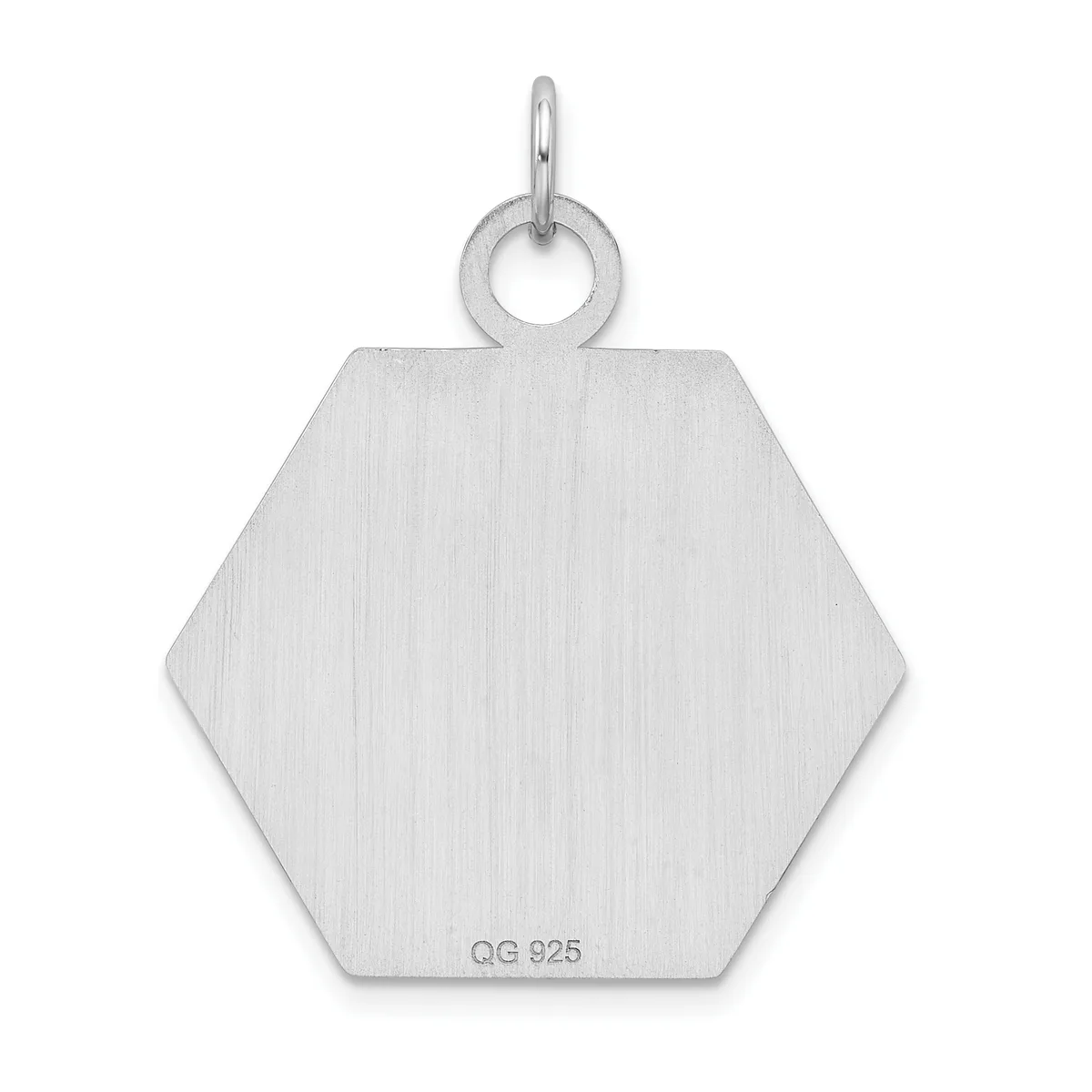 A brushed silver hexagonal pendant with a small loop at the top and a small stamped hallmark on the lower portion.