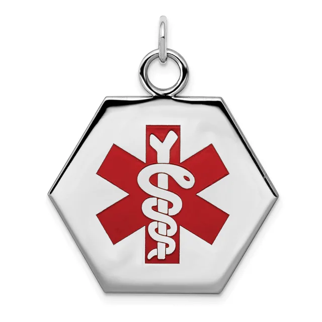 Hexagonal silver pendant with a red medical alert symbol featuring a serpent staff on white background, suspended from a silver loop.