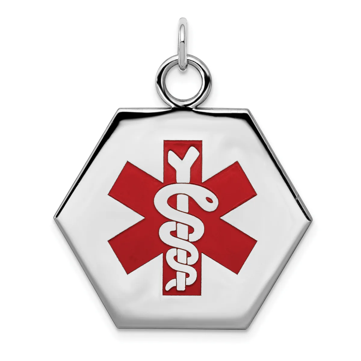 Hexagonal silver pendant with a red medical alert symbol featuring a serpent staff on white background, suspended from a silver loop.