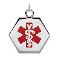 Hexagonal silver pendant with a red medical alert symbol featuring a serpent staff on white background, suspended from a silver loop.
