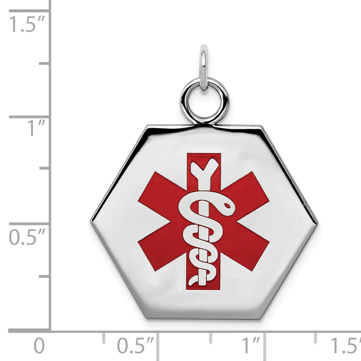 Hexagonal medical alert pendant with red Star of Life symbol and caduceus on white background, shown next to measurement scale indicating approximately one inch width.