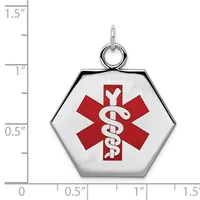 Hexagonal medical alert pendant with red Star of Life symbol and caduceus on white background, shown next to measurement scale indicating approximately one inch width.