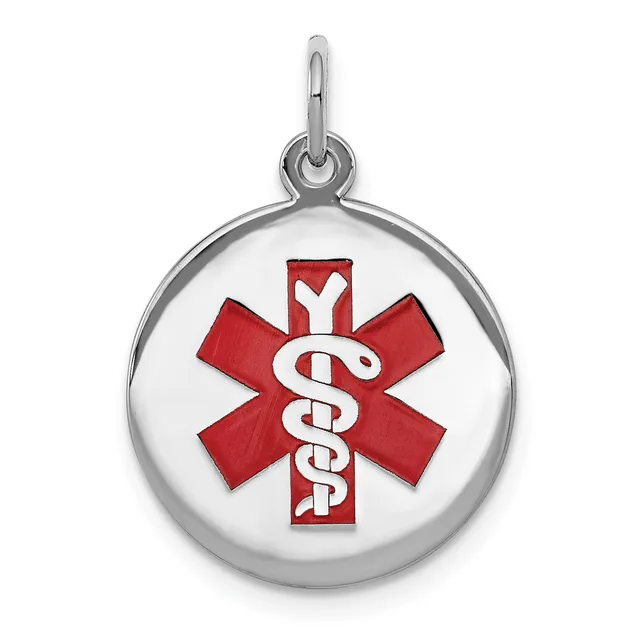 Silver round medical alert pendant with red and white star of life symbol featuring a cross and intertwined serpent design, suspended from a bail loop.