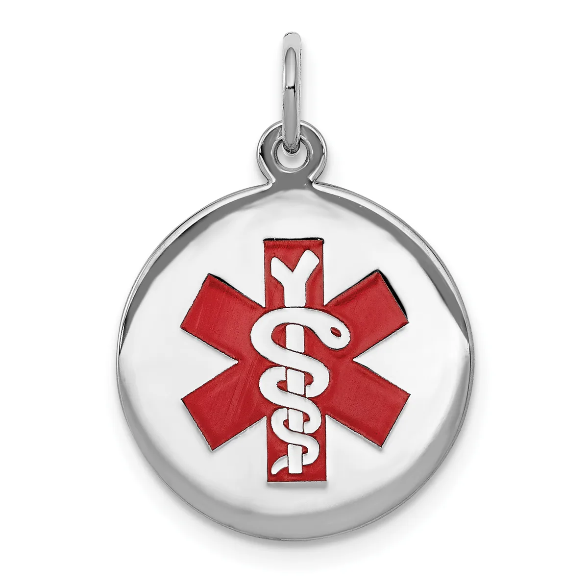 Silver round medical alert pendant with red and white star of life symbol featuring a cross and intertwined serpent design, suspended from a bail loop.