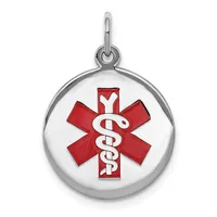 Silver round medical alert pendant with red and white star of life symbol featuring a cross and intertwined serpent design, suspended from a bail loop.