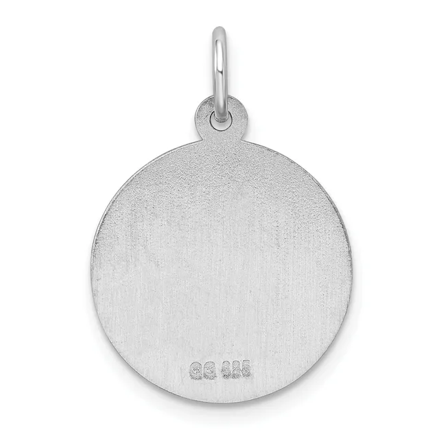 A round silver pendant with a brushed finish and small stamped hallmark, suspended from a thin bail loop.