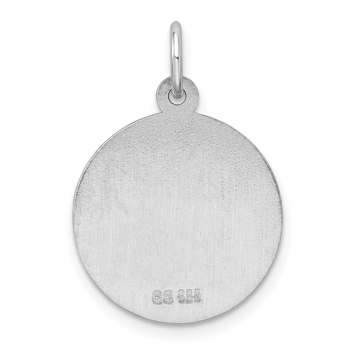 A round silver pendant with a brushed finish and small stamped hallmark, suspended from a thin bail loop.