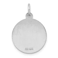 A round silver pendant with a brushed finish and small stamped hallmark, suspended from a thin bail loop.