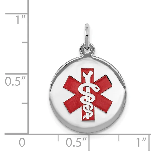 Round silver medical alert pendant with red caduceus symbol and asterisk on white background, shown next to a ruler measuring approximately one inch in diameter.