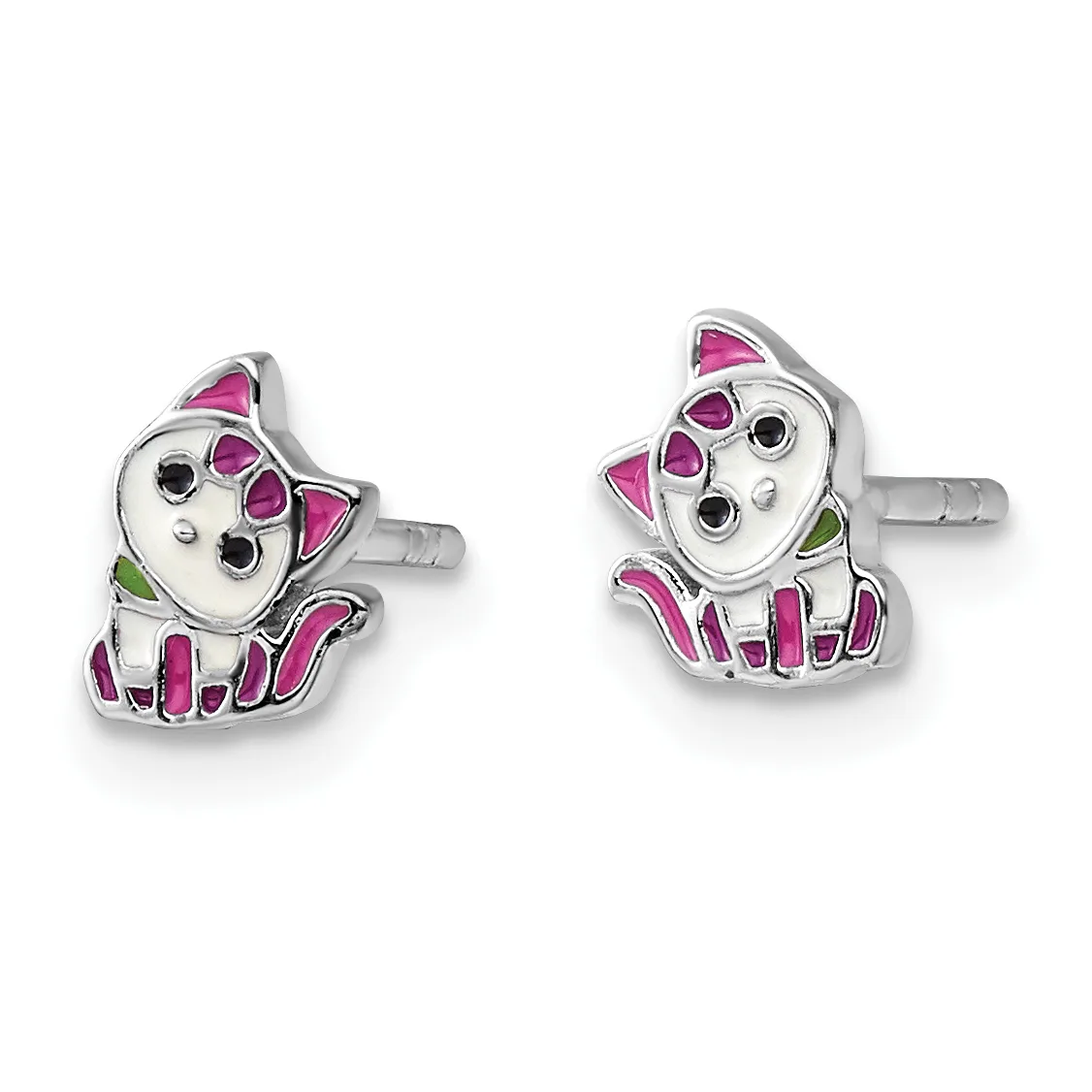 A pair of silver stud earrings shaped like cartoon cats with pink and purple enamel coloring, black eyes, and green accents on the ears and body.