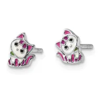 A pair of silver stud earrings shaped like cartoon cats with pink and purple enamel coloring, black eyes, and green accents on the ears and body.