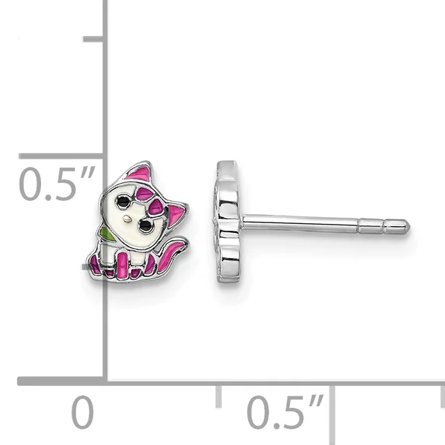 Pair of silver stud earrings featuring white cats with pink ears and accents, shown front and back view with a measurement scale indicating approximately 0.5 inches in size.