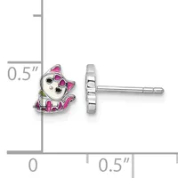 Pair of silver stud earrings featuring white cats with pink ears and accents, shown front and back view with a measurement scale indicating approximately 0.5 inches in size.