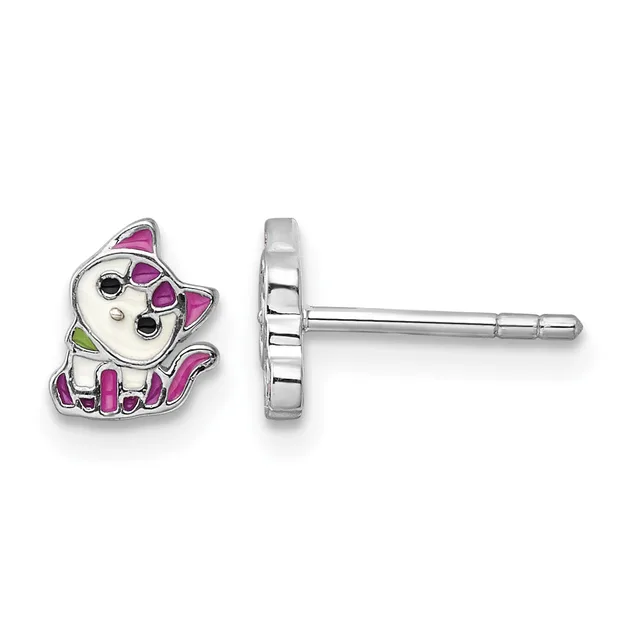 A pair of silver stud earrings featuring white enamel cat charms with pink and purple striped details and black eyes, shown from front and back views.