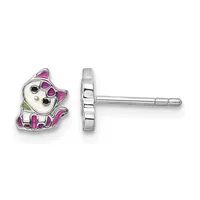 A pair of silver stud earrings featuring white enamel cat charms with pink and purple striped details and black eyes, shown from front and back views.