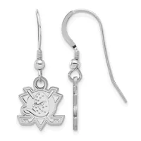 A pair of silver-toned fish-shaped earrings with hockey stick designs, suspended from curved ear wires with small beads and connectors.