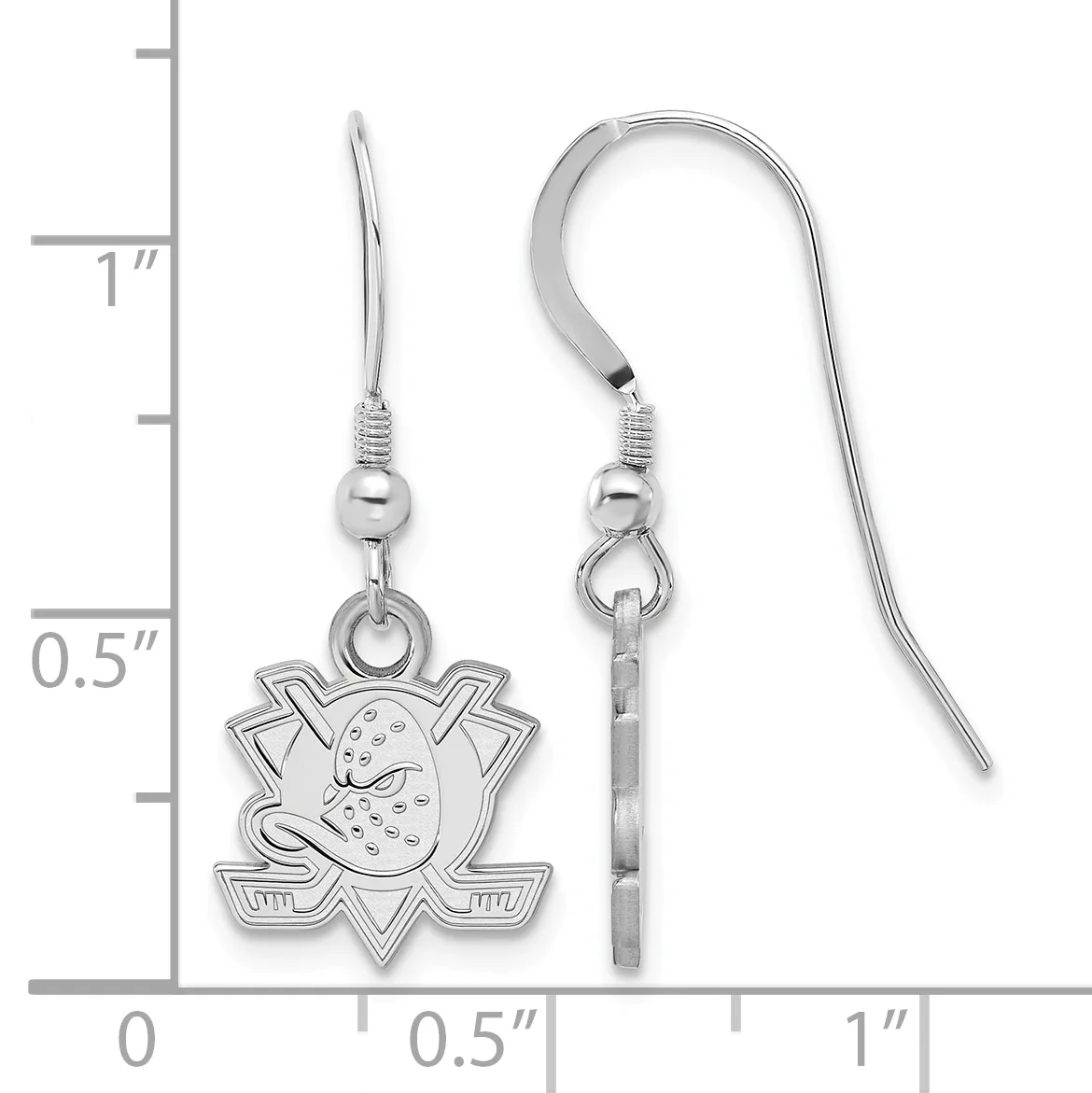 Silver hockey puck and crossed sticks earrings with fish hook wires displayed next to a ruler showing approximately one inch in length.