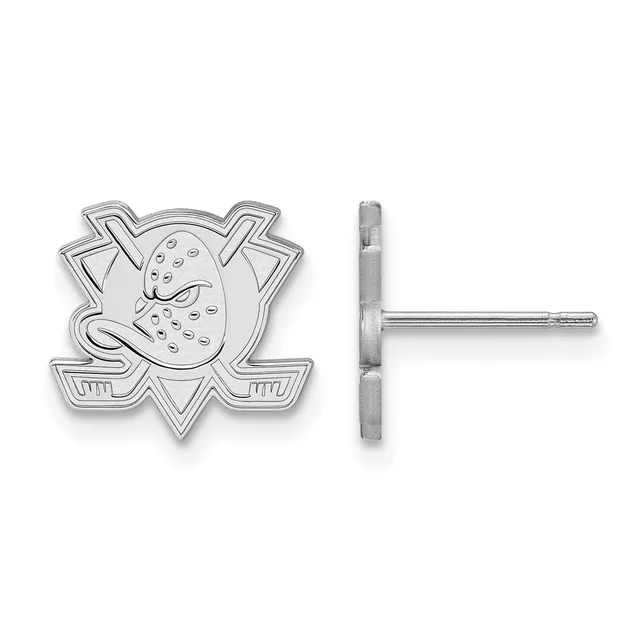 Pair of silver hockey-themed stud earrings featuring a mask and crossed sticks design, shown from front and side views.