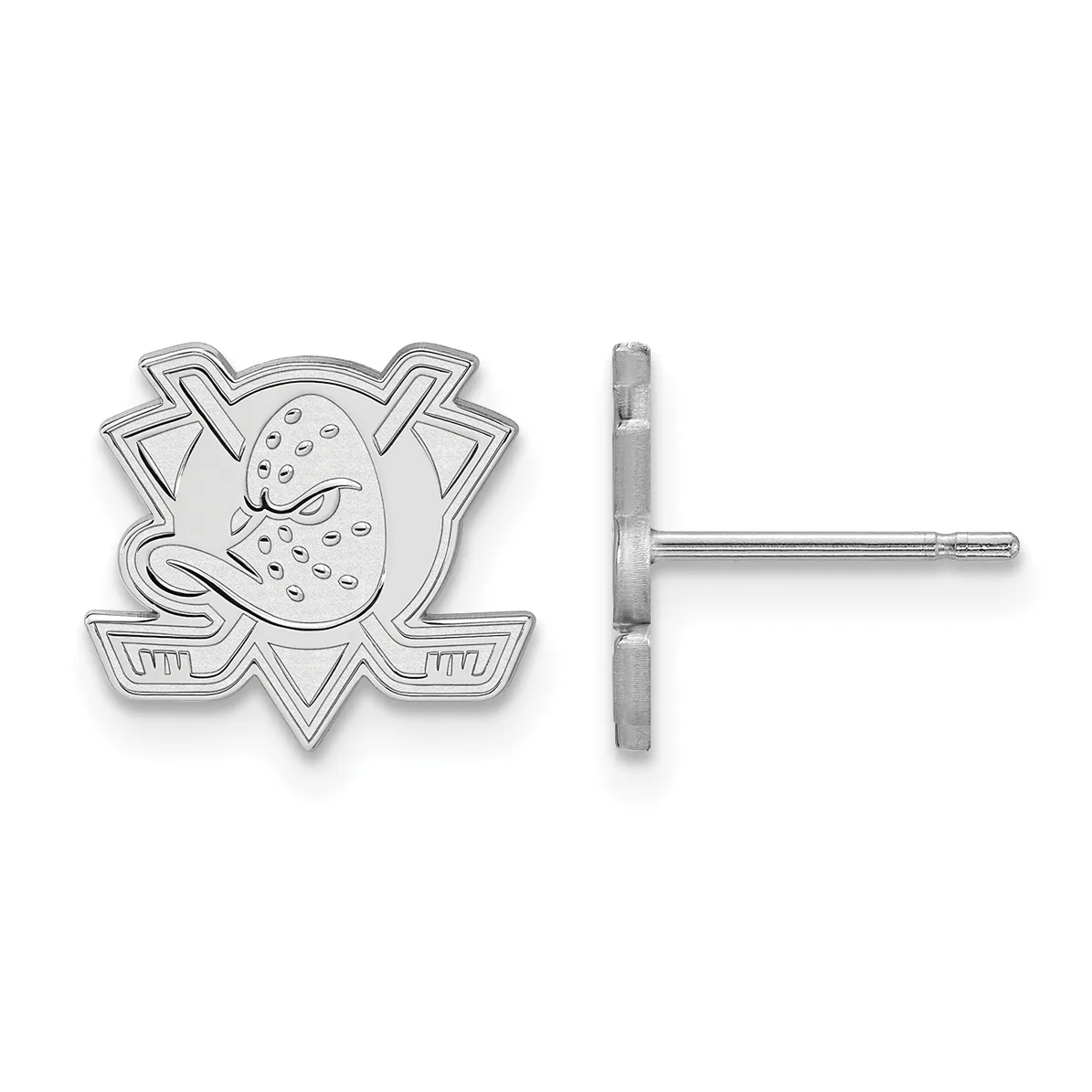 Pair of silver hockey-themed stud earrings featuring a mask and crossed sticks design, shown from front and side views.