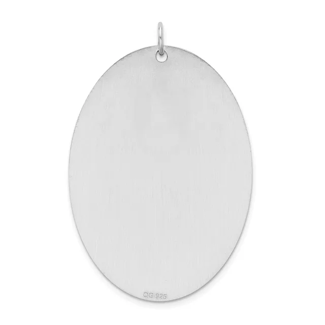 A plain silver oval pendant with a small loop at the top for hanging, shown against a white background.