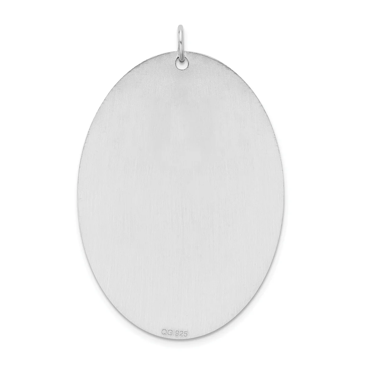A plain silver oval pendant with a small loop at the top for hanging, shown against a white background.