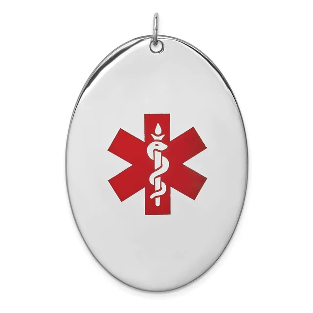 Oval white pendant with a silver metal border and loop, displaying a red medical symbol with a staff and serpent on the front.