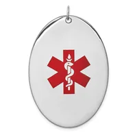Oval white pendant with a silver metal border and loop, displaying a red medical symbol with a staff and serpent on the front.