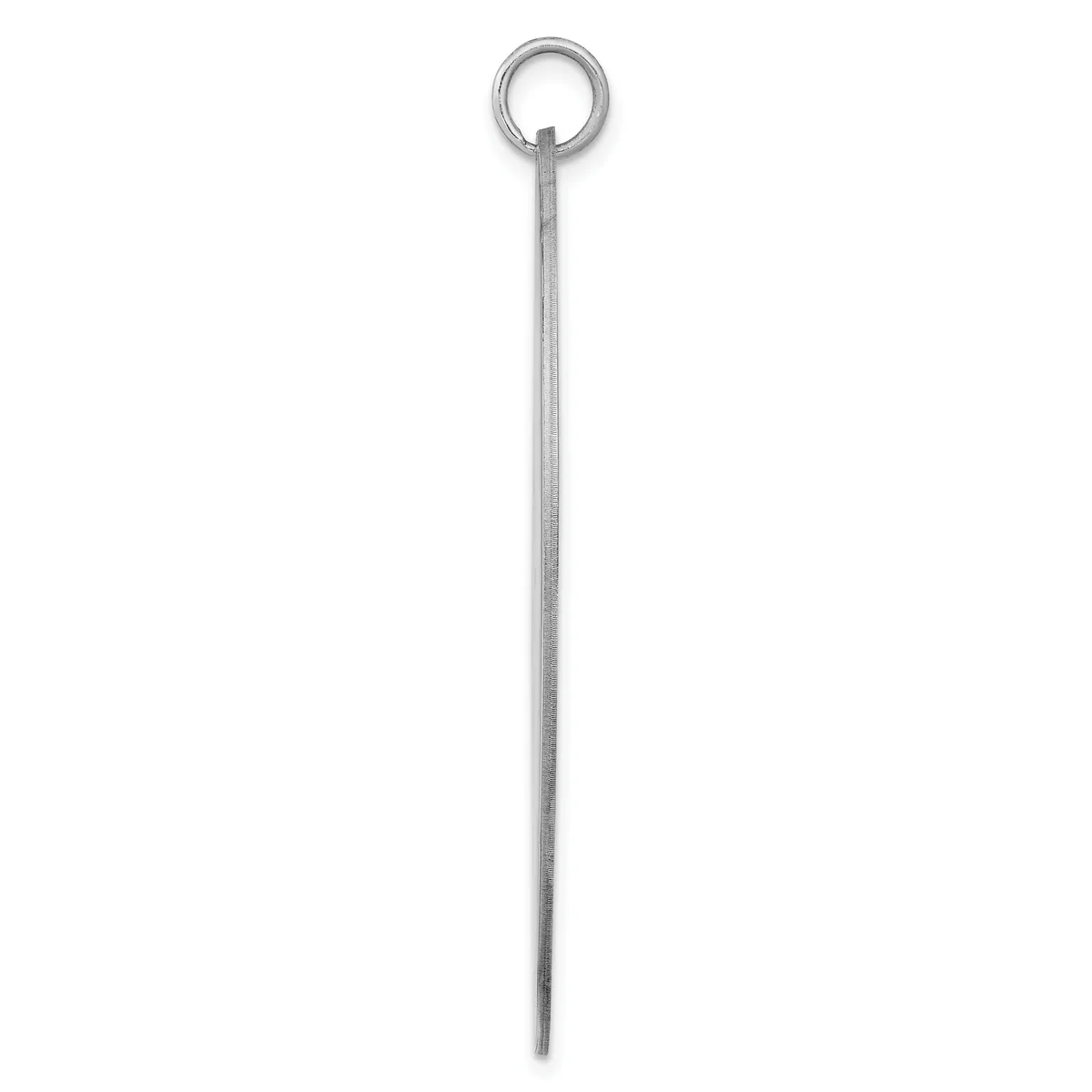 A long silver chain with a small loop at the top and a larger ring attached to the end, displayed vertically against a white background.