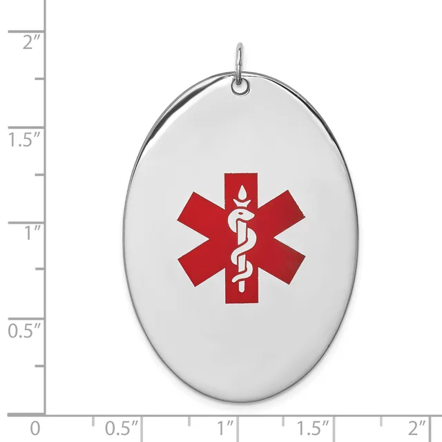 Oval white pendant with a red medical alert symbol featuring a caduceus, shown next to a ruler measuring approximately 1.75 inches in height.