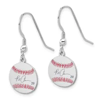 Pair of silver-toned fish hook earrings, each featuring a small baseball charm with red stitching and a handwritten signature with the number 20.